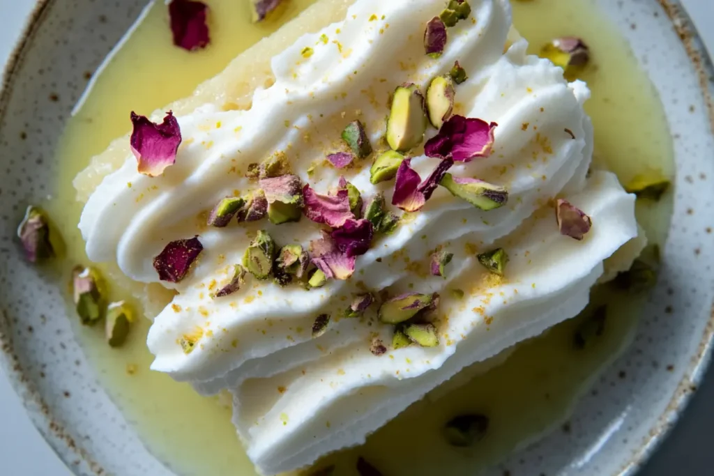 Pistachio Milk Cake: The Ultimate Nutty & Moist Dessert Recipe 6 A slice of milk cake topped with whipped cream, rose petals, crushed pistachios, and saffron threads, served in a pool of creamy milk.