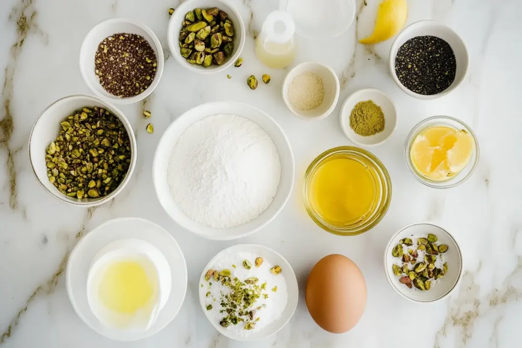 Lemon Pistachio Cake: A Zesty, Nutty Delight 6 Flat lay of ingredients for lemon pistachio cake including flour, ground pistachios, eggs, olive oil, yogurt, sugar, lemon zest, and vanilla on a bright kitchen counter
