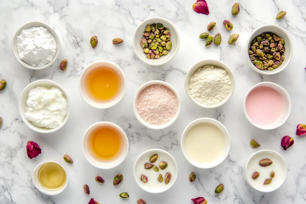 Pistachio Milk Cake: The Ultimate Nutty & Moist Dessert Recipe 8 Pistachio milk cake ingredients including eggs, sugar, cake flour, pistachios, condensed milk, evaporated milk, rose water, and whipped cream arranged on a kitchen counter.
