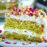 Pistachio Milk Cake: The Ultimate Nutty & Moist Dessert Recipe 9 A slice of moist pistachio cake topped with whipped frosting, crushed pistachios, and dried rose petals on a white plate