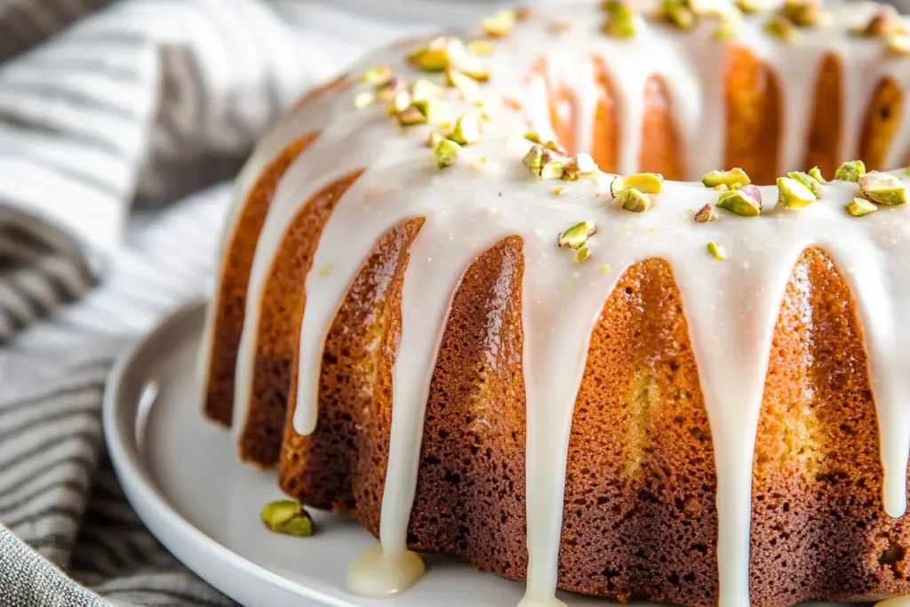 Pistachio Bundt Cake: Moist, Nutty & Nostalgic Treat You’ll Love 5 Close-up of a golden-brown pistachio bundt cake topped with white icing and chopped pistachios on a white plate.
