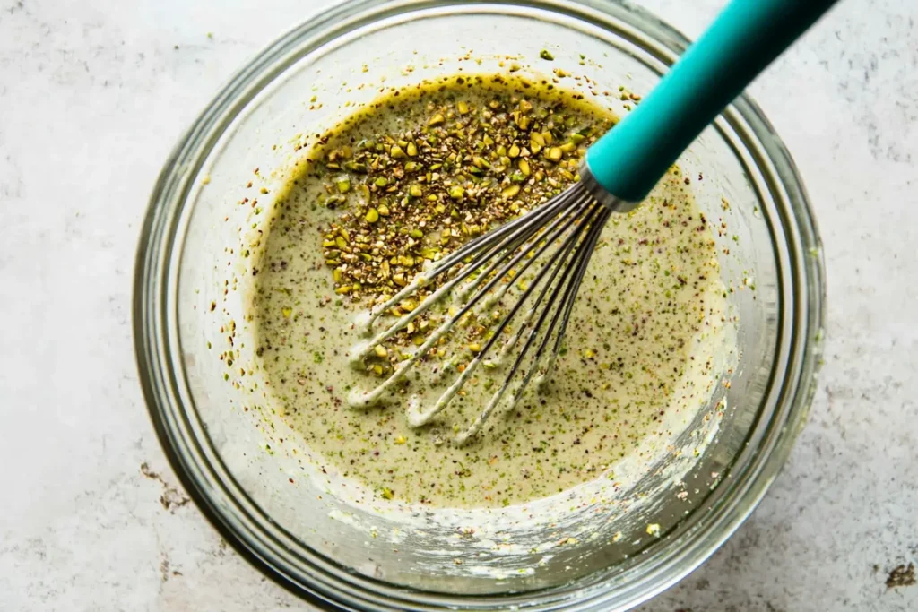 Pistachio Cake: Sweet, Nutty Dessert Everyone Will Love 8 Glass mixing bowl filled with speckled pistachio cake batter being whisked with a teal-handled whisk