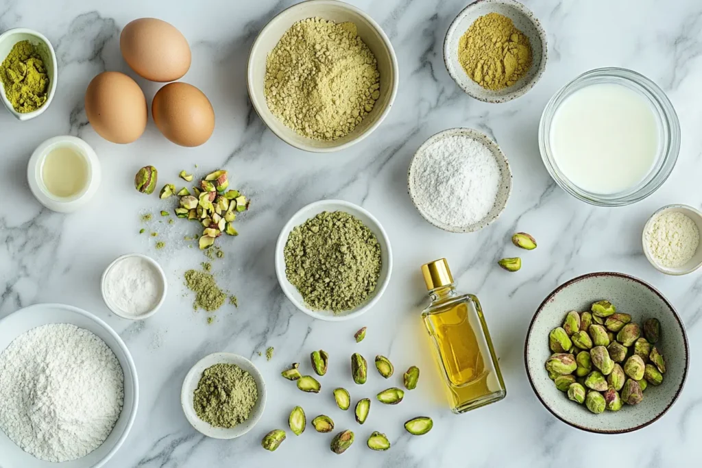 Pistachio Cake: Sweet, Nutty Dessert Everyone Will Love 7 Flat lay of ingredients for pistachio cake including ground pistachios, flour, pudding mix, sugar, butter, eggs, and buttermilk