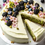 Pistachio Cake: Sweet, Nutty Dessert Everyone Will Love 9 Top view of a pistachio cake with white frosting, topped with blackberries, blueberries, chopped pistachios, and fresh flowers