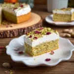 Irresistible Pistachio Tres Leches Cake: A Sweet Twist on Tradition 7 A slice of moist pistachio cake topped with whipped cream, chopped pistachios, and dried rose petals, served on a decorative plate