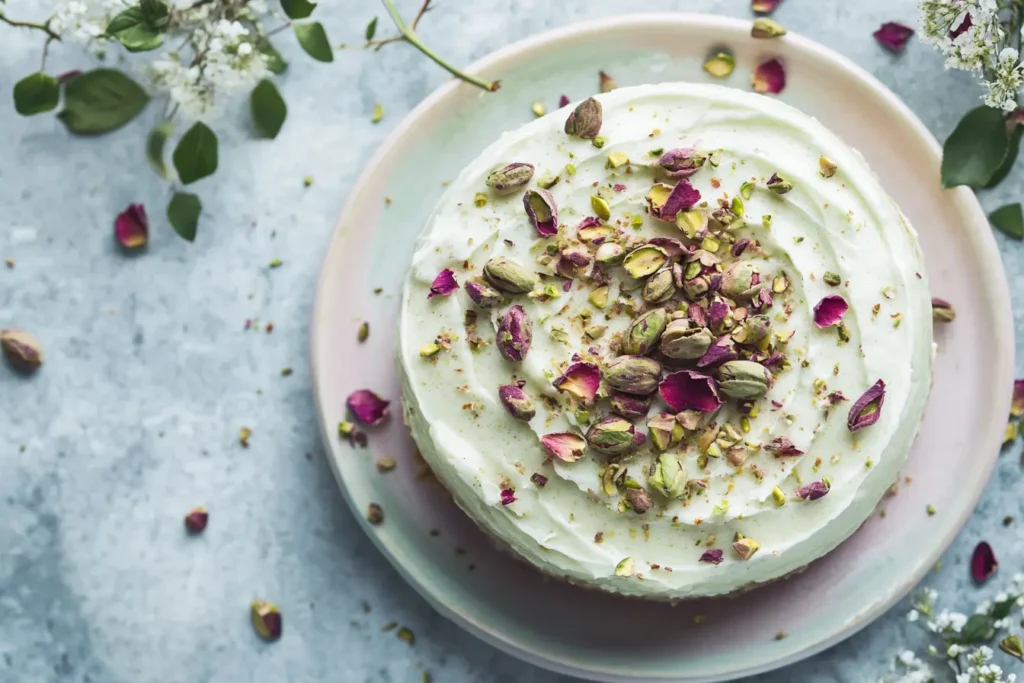 Pistachio Milk Cake: The Ultimate Nutty & Moist Dessert Recipe 7 Moist pistachio milk cake topped with whipped cream, crushed pistachios, and dried rose petals, soaked in rich pistachio milk.
