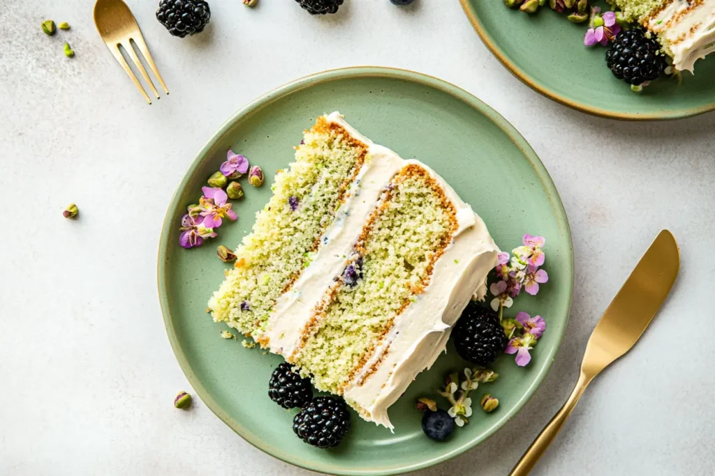 Pistachio Cake: Sweet, Nutty Dessert Everyone Will Love 6 Slices of pistachio cake with white frosting served on green plates, garnished with berries and edible flowers
