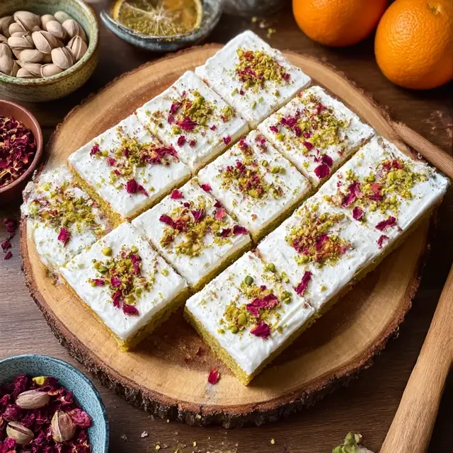 Irresistible Pistachio Tres Leches Cake: A Sweet Twist on Tradition 5 A full tray of pistachio cake slices topped with whipped cream, crushed pistachios, and dried rose petals, displayed on a wooden serving board