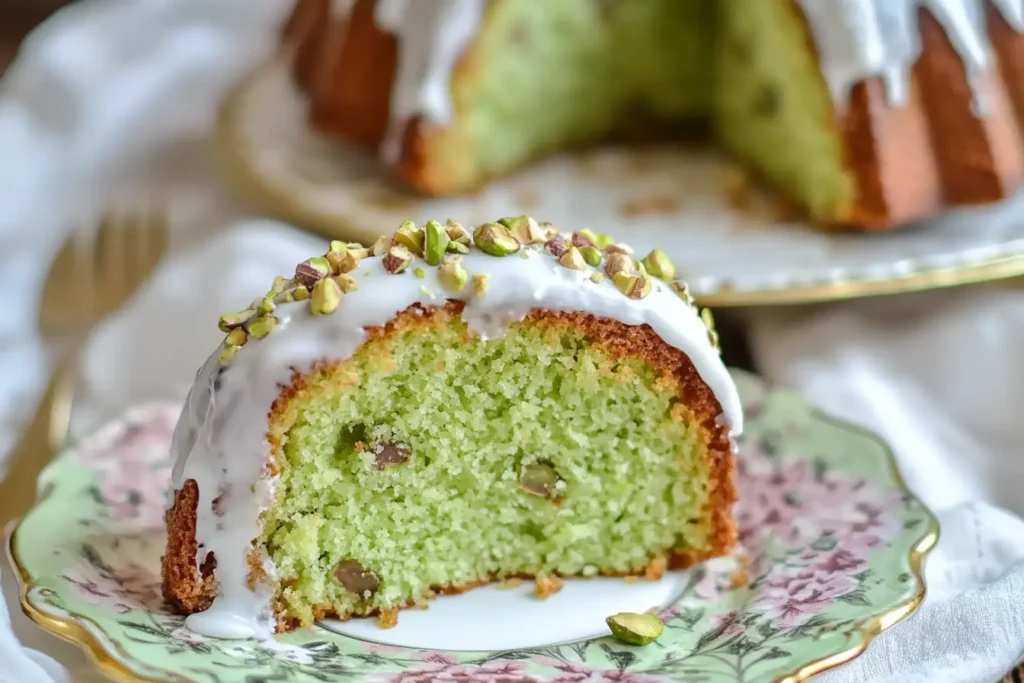 Pistachio Bundt Cake: Moist, Nutty & Nostalgic Treat You’ll Love 6 Close-up of a green pistachio bundt cake slice with brown sugar nut filling and white glaze on a decorative plate