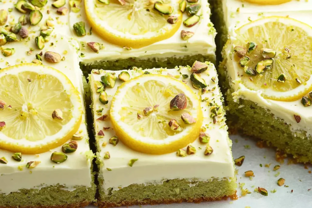 Lemon Pistachio Cake: A Zesty, Nutty Delight 5 Rectangular pistachio cake topped with creamy lemon frosting, crushed pistachios, and lemon slices, cut into squares